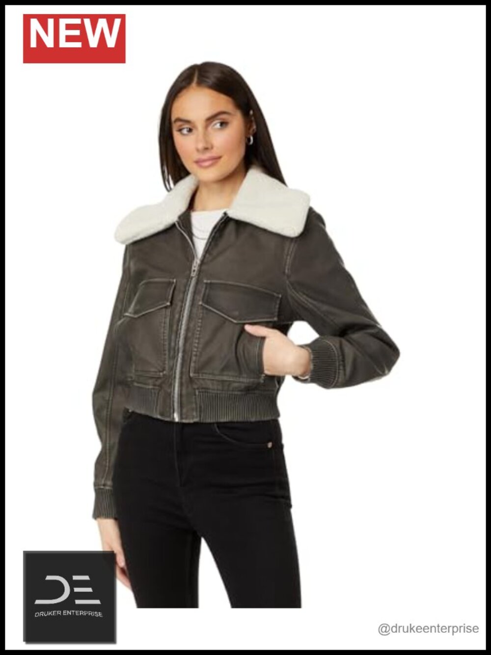 Faux Leather Bomber Jacket with Sherpa Collar